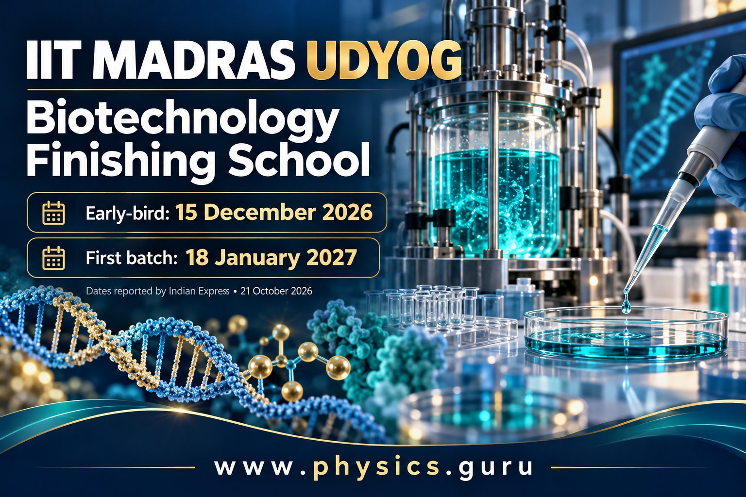 IIT Madras UDYOG biotechnology finishing school poster showing the reported December 2026 early-bird date and January 2027 start.