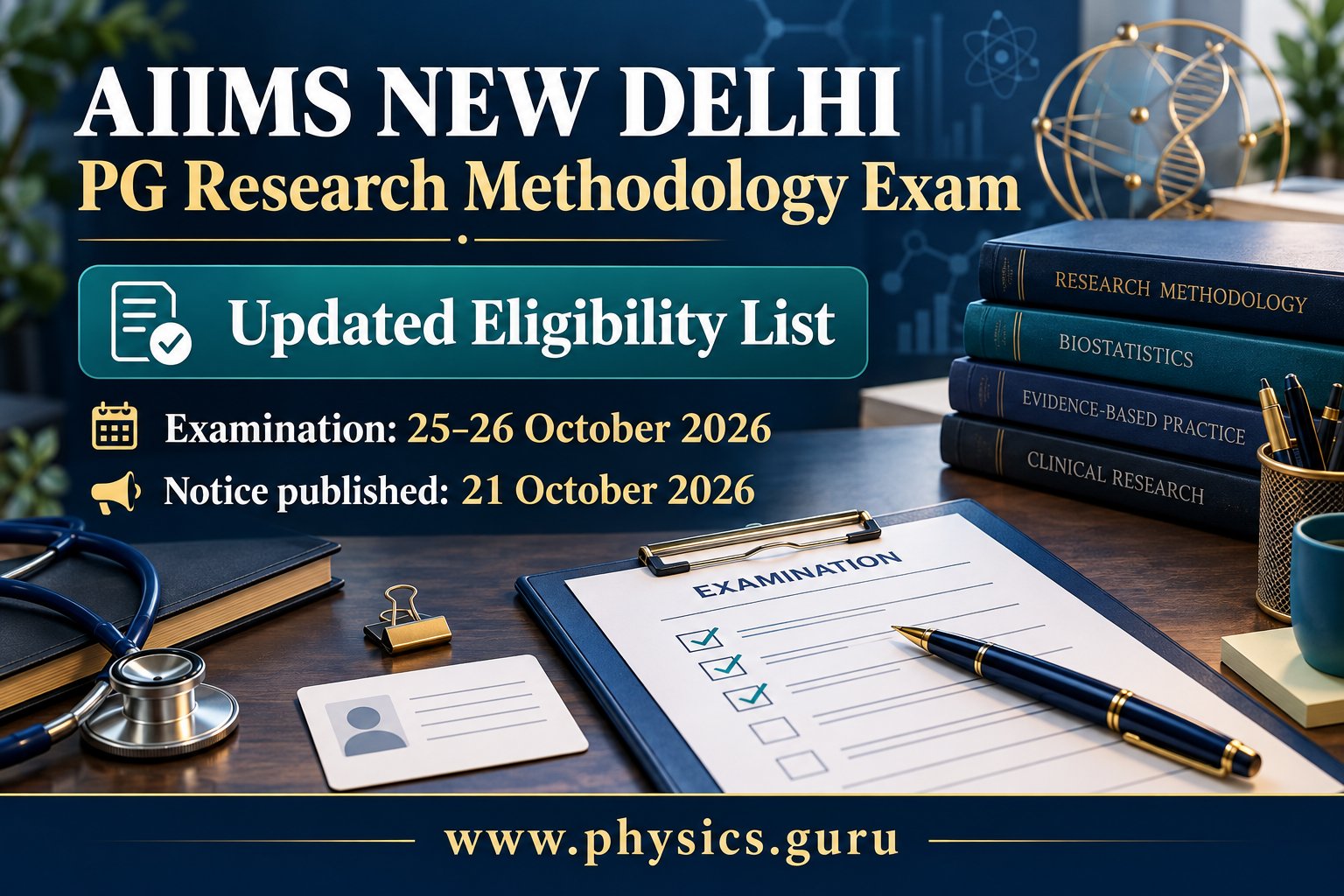 AIIMS New Delhi PG Research Methodology examination poster showing the updated eligibility notice and 25–26 October 2026 examination dates.