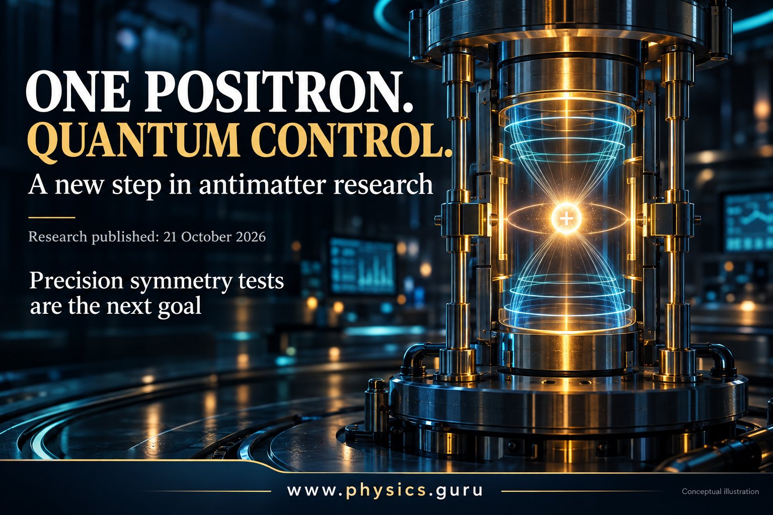 Conceptual illustration of a single positive positron confined inside an electromagnetic trap, with the 21 October 2026 research date.