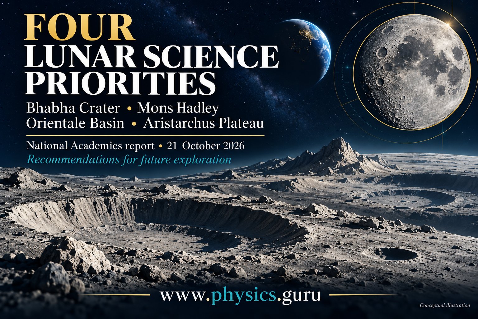 Conceptual lunar landscape poster listing Bhabha Crater, Mons Hadley, Orientale Basin and Aristarchus Plateau as future exploration priorities.