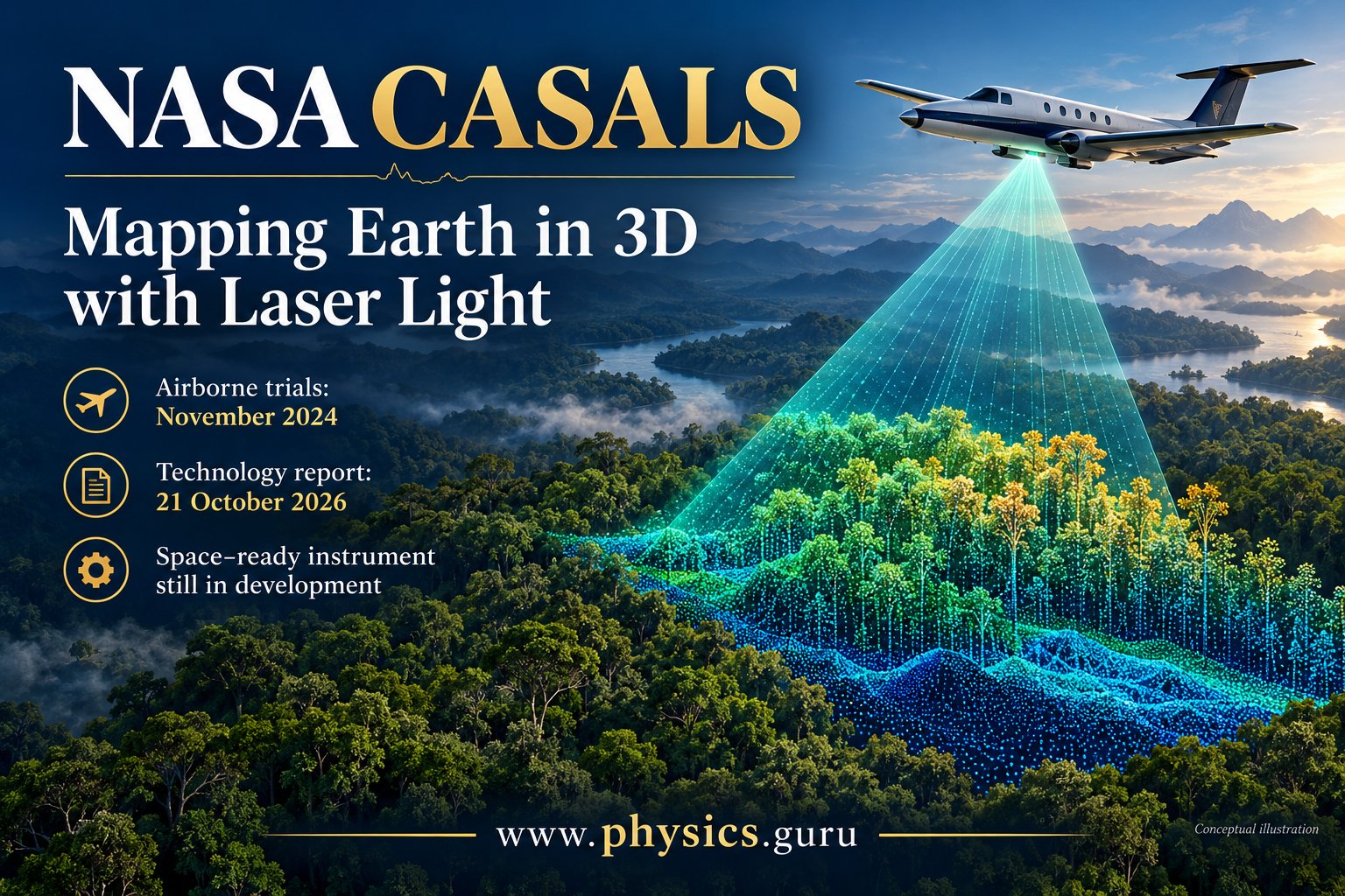 Conceptual illustration of airborne laser scanning over a forest, with CASALS trial and report dates and a point-cloud terrain view.