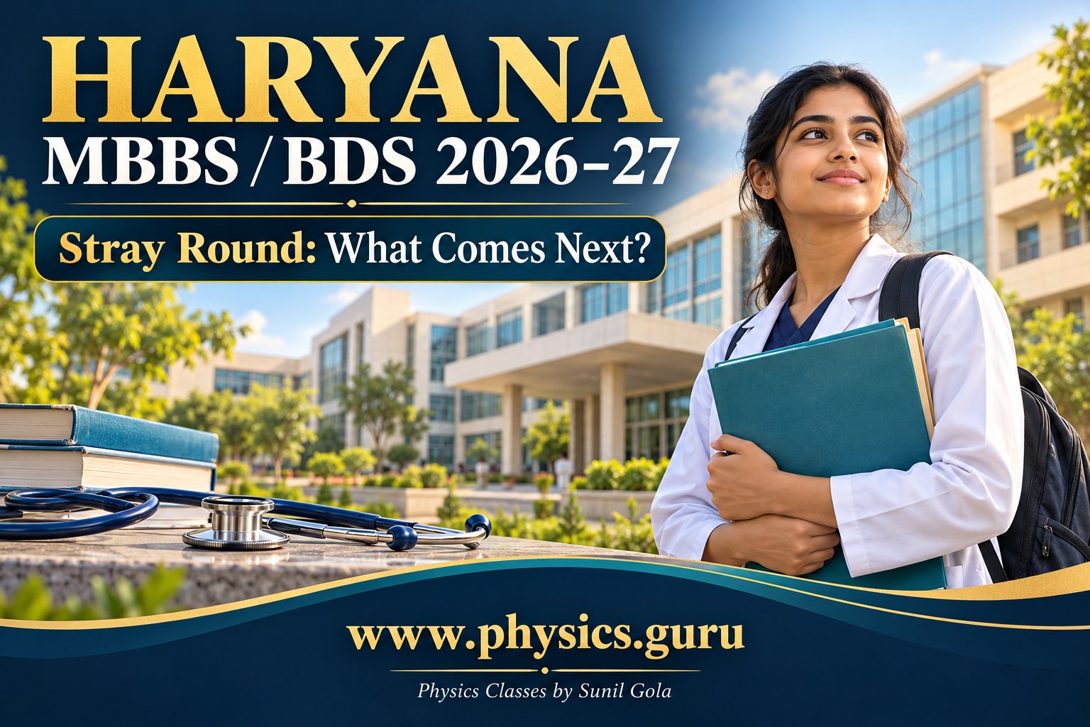 Illustrated medical aspirant with documents for Haryana MBBS and BDS stray-round counselling 2026–27, branded www.physics.guru.