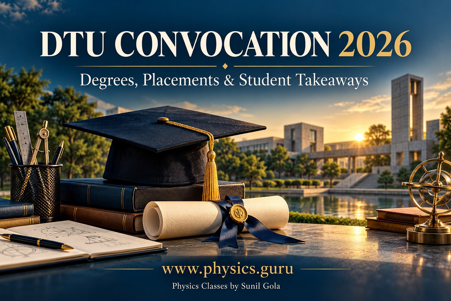 Graduation cap, diploma and engineering instruments in a conceptual DTU convocation 2026 poster branded www.physics.guru.
