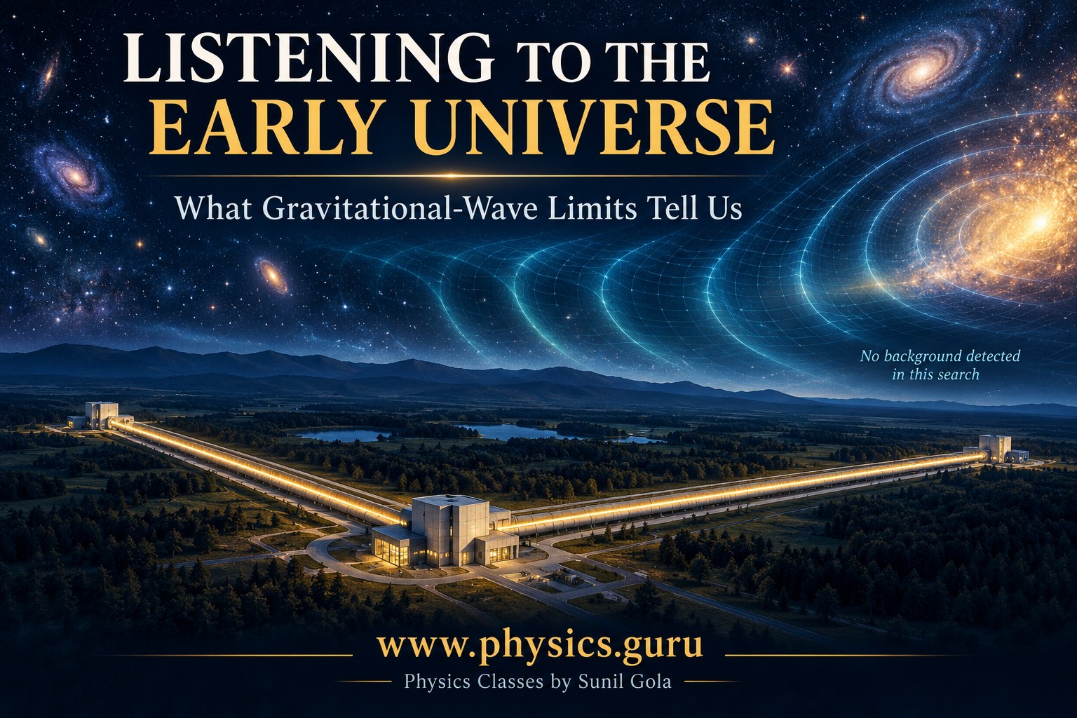 Conceptual interferometer and cosmic-wave illustration explaining early-Universe gravitational-wave limits, branded www.physics.guru.
