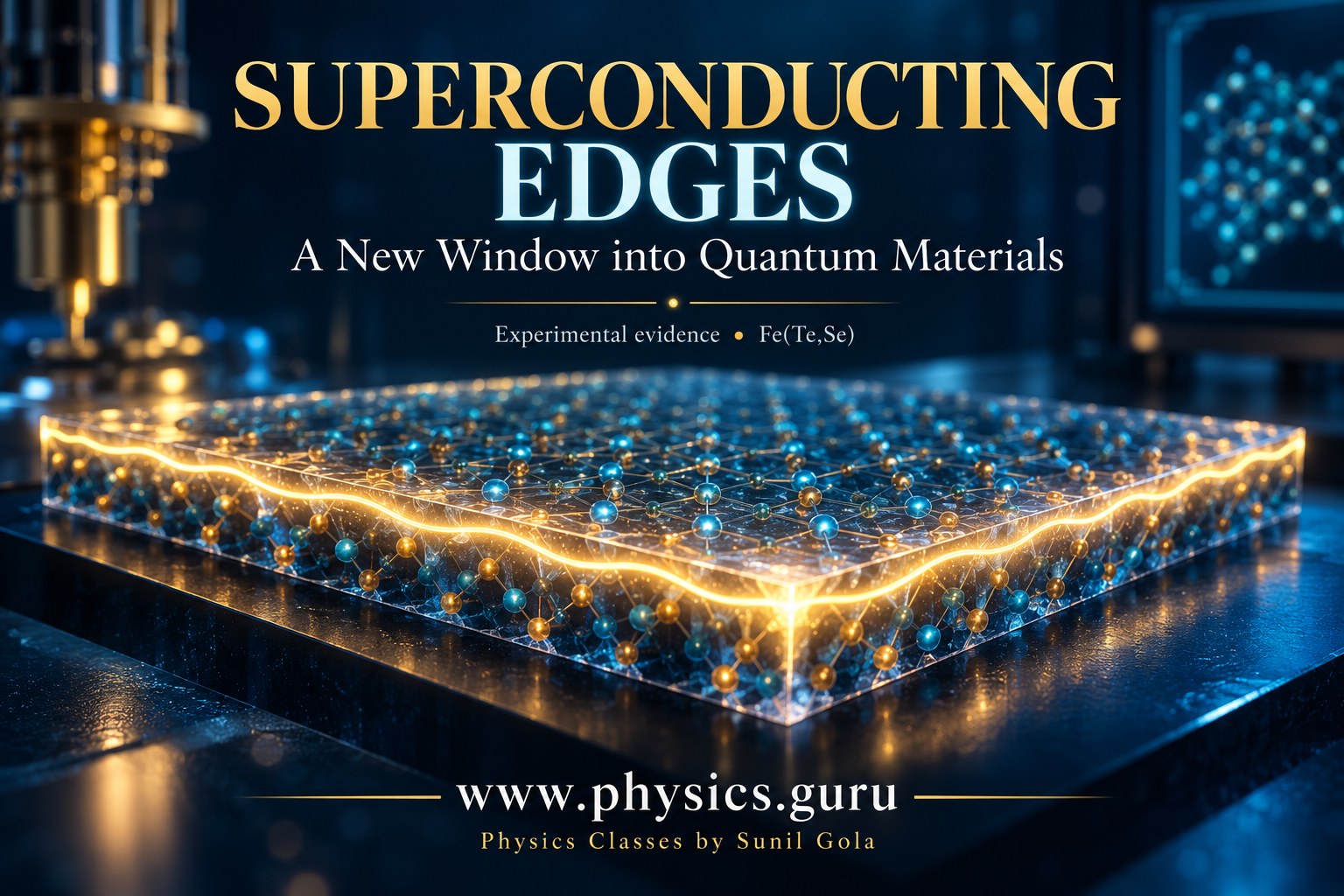 Conceptual crystal slab with illuminated edges representing superconducting edge-transport research in Fe(Te,Se), branded www.physics.guru.