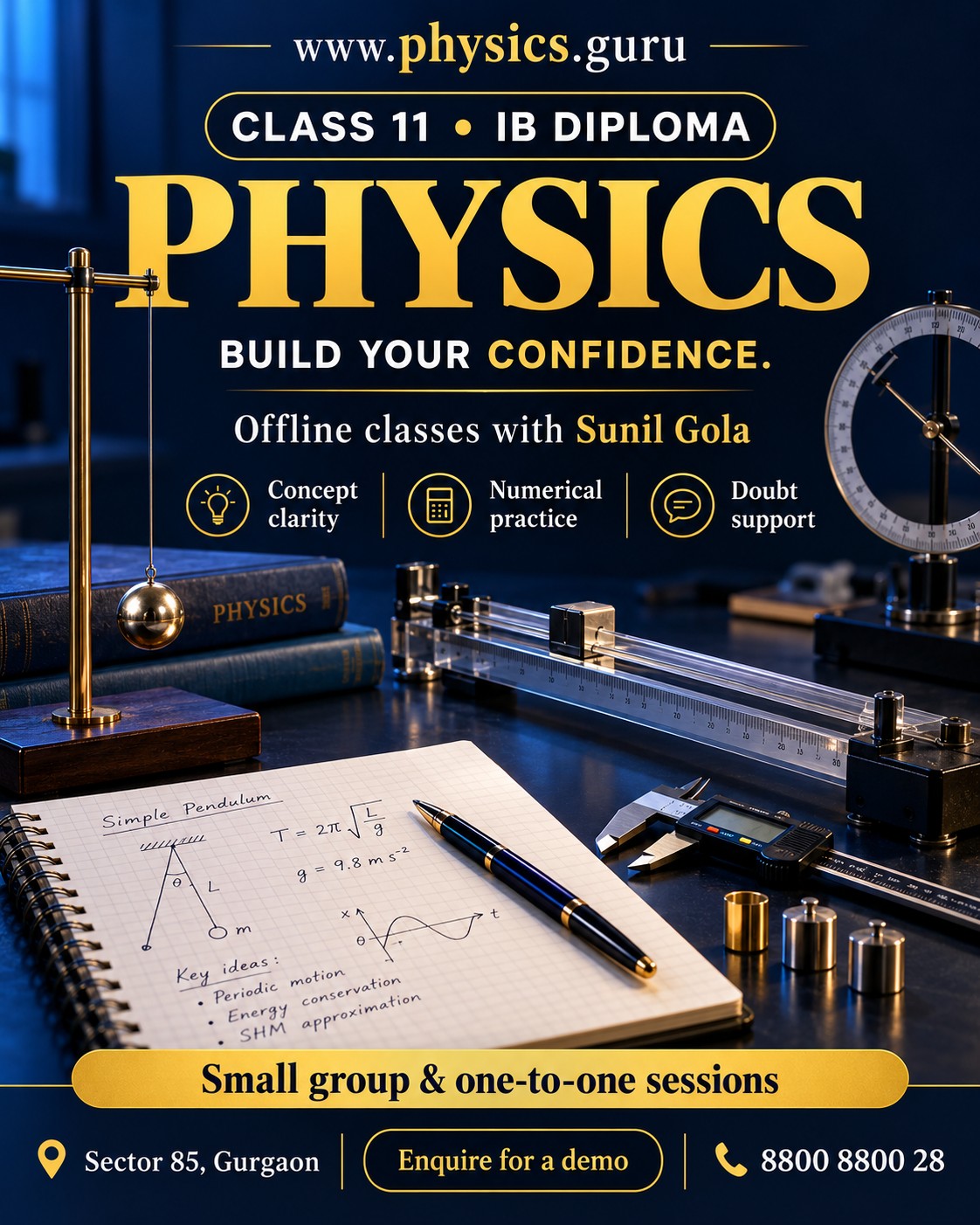 Class 11 IB Diploma offline Physics campaign poster with Sunil Gola contact details
