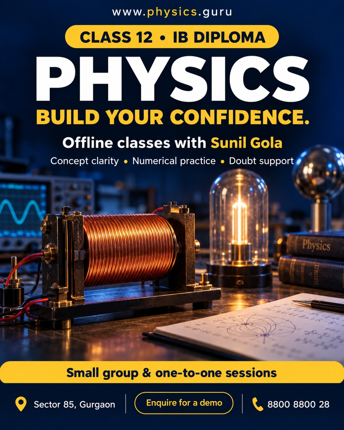 Class 12 IB Diploma offline Physics campaign poster with Sunil Gola contact details