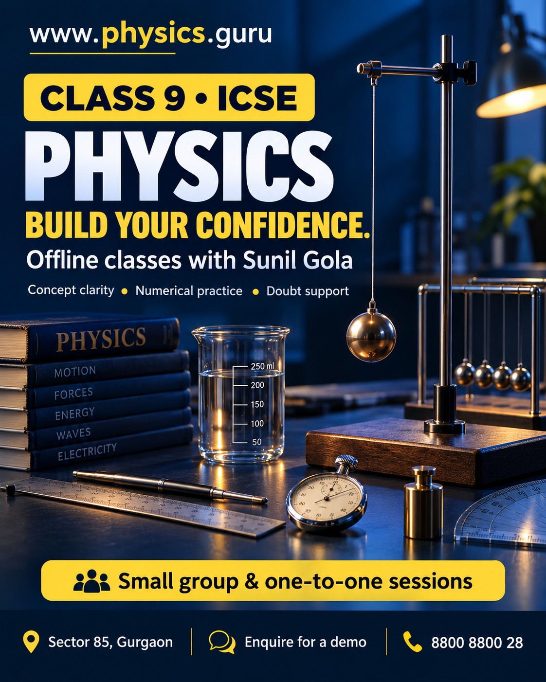 Class 9 ICSE offline Physics campaign poster with Sunil Gola contact details